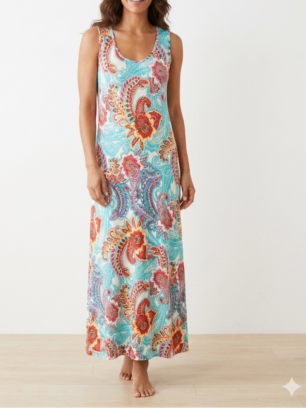 Sleeveless Paisley Maxi Dress in Turquoise and Red
